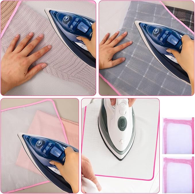 2 Pack Pressing Cloth for Ironing,15.7 × 23.6 Inch Mesh Cloth Ironing Pad Ironing Cloth to Protect Clothes, Scorch-Saving Insulation Press Cloth for Ironing (Pink)