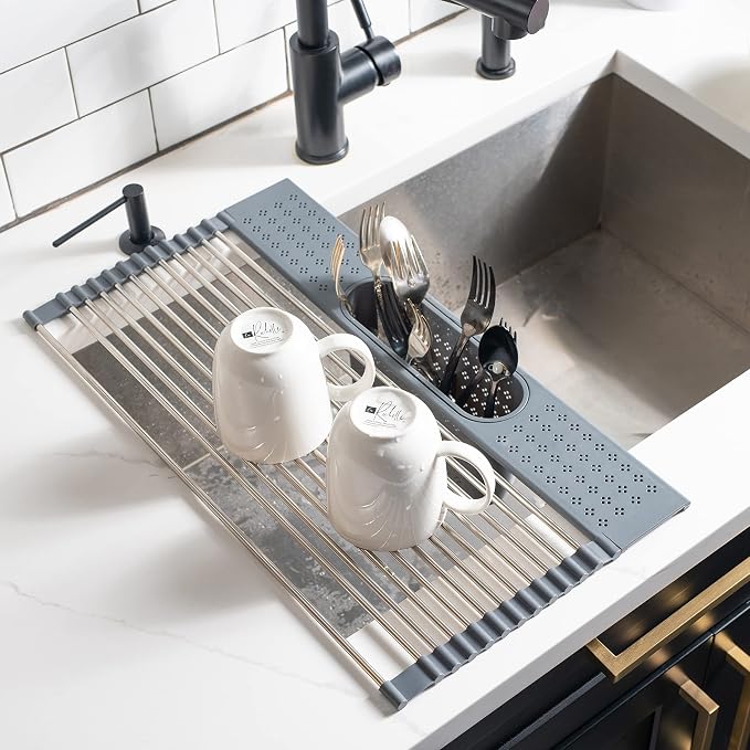 edge Roll Up Dish Drainer, Over The Sink Multi-Purpose Foldable Drying Rack with Caddy, Gray, Medium- 17.3"x11"