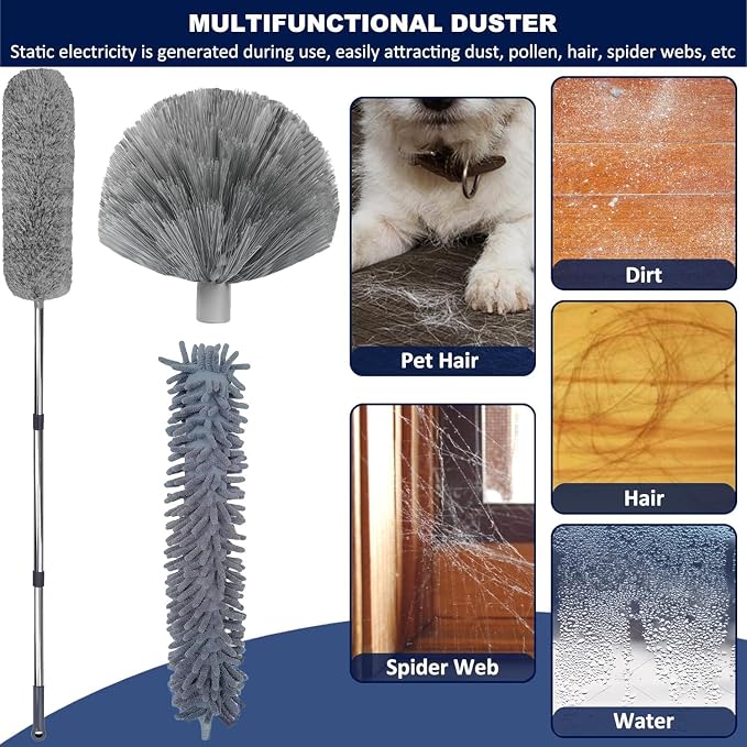 20+ Feet High Reach Duster Kit with 3-14 ft Extension Pole for Cleaning Fan, Spider Web, High Ceiling, Blinds, Furniture, Cars - Cobweb Microfiber Duster // Outdoor & Indoor Extendable Duster