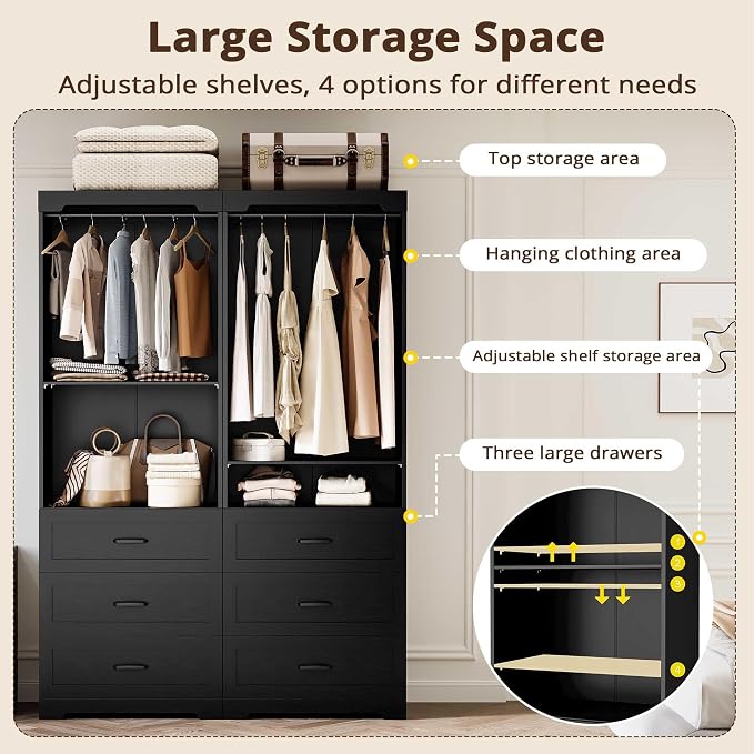 IRONCK Freestanding Closet System with 3 Wood Drawers, Modern Armoire Wardrobe with Adjustable Shelves & Hanging Rod, Walk-in Closet Systems Organizer for Small Closet, Black