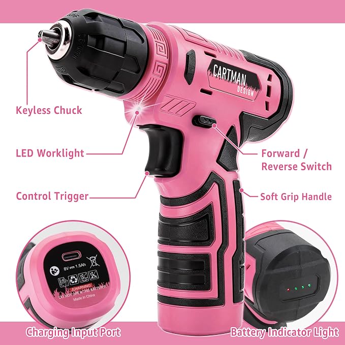 CARTMAN 150-Piece 8V Cordless Drill Hand Tool Set Pink Household Repair Kit | All-Inclusive Tool Assortment With 8V Drill, Great For Home Upkeep, DIY Crafting And Daily Household Fixes