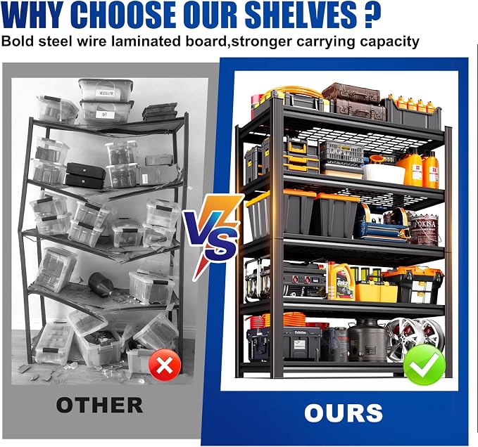 6 Pack Garage Shelving 5-Tier Heavy Duty Storage Shelves, Tool-Free Adjustable Metal Shelf Unit, Utility Organizer Rack for Basement, Pantry, Kitchen, Warehouse, 45.6"W x 19.7"D x 78"H, Black