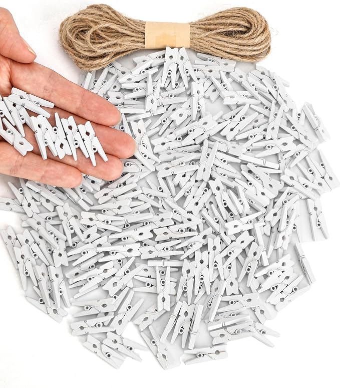 Mr. Pen- Mini Wooden Clothes Pins for Photo, 1 Inch, 200 Pack, White Small Clothespins with 10 Meter Jute Twine for Scrapbooking, Labeling Plants, Gift Tags, Tiny Crafts, Photo Display, Decoration