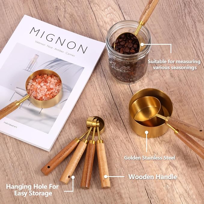 Gold Measuring Cups and Spoons Set with Fragrant Wood Handles, Premium Stainless Steel Measuring Spoons and Measuring Cups Set, For Cooking and Baking in the Kitchen (8 Piece) | Premium Stainless Steel, Dishwasher safe, Precision Measuring Cup Set for ...