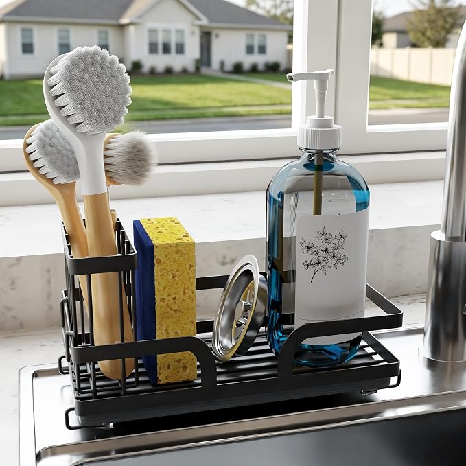 Sponge Holder for Kitchen Sink Caddy with Stone Drying Tray 1 PCS | No Draining Needed, Removable Brush Holder，Sink Caddy Organizer,Countertop Storage, Bathroom, Home Decor Accessories