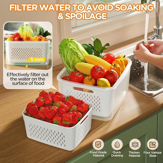 8-Pack Fruit Storage Containers for Fridge, Leakproof Fruit Containers for Fridge with Colanders, BPA-Free Produce Storage Containers with Lids Keep Fruits, Vegetables, Berry, Meat Fresh longer