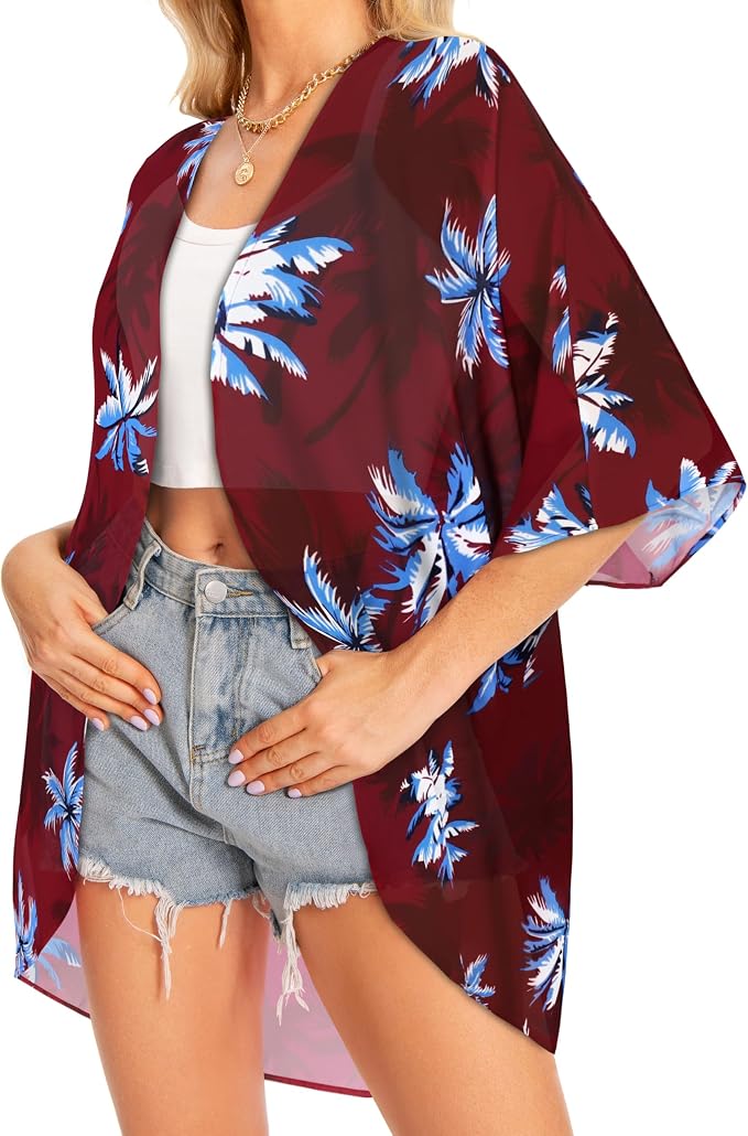 Women Kimono Cardigans Summer Cover Up Hawaiian Shirts Floral Print Tops | ROSEMIA chiffon kimono open front cardigans, beach cover ups, daily casual tops, cruise outfits, summer resort wear