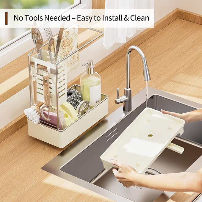 MOUKABAL Sponge Holder for Kitchen Sink, 2-Tier Sink Caddy Organizer with Drain Holes and Hooks, Holds Dishcloth, Sponge & Brushes, Kitchen Countertop Storage for New Home Essentials Off-white