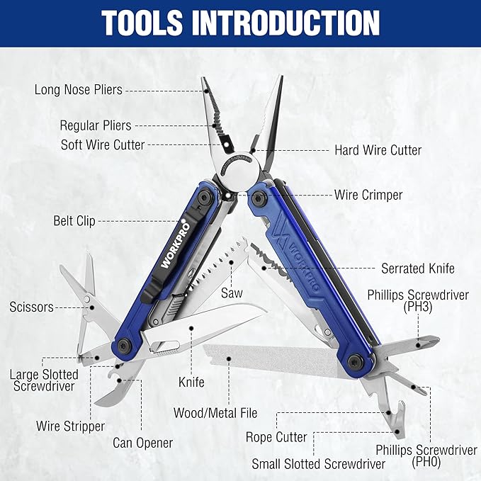 WORKPRO 18-in-1 Multi Tool Pliers Pocket Knife, 2 Safety Locks, EDC, Blue | Gifts for Men Dad Women Wife, Stainless Steel Multitool, Belt Clip and Oxford Pouch, Utility Tool for Camping