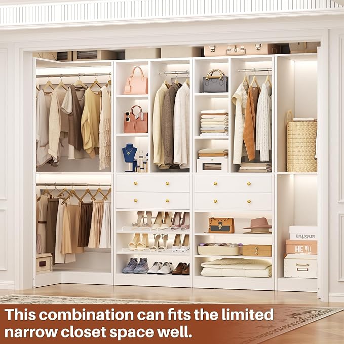 Besiost Closet System with 4 Drawers & Corner Tower, Closet Organizer System with 4 Hanging Robs, Reversible U Shaped Walk-in Closet System, Load 2600+LBS Capacity, Set of 4, White