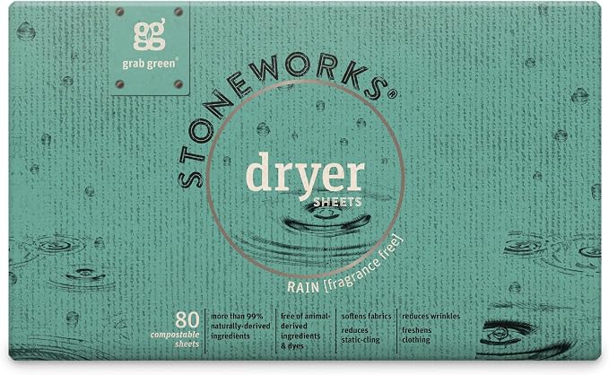 Grab Green Stoneworks Dryer Sheets, Unscented, 80 Count, Compostable | Softens fabrics; Reduces Static; Cruelty-free; Plant & Mineral Based; No Harsh Chemicals