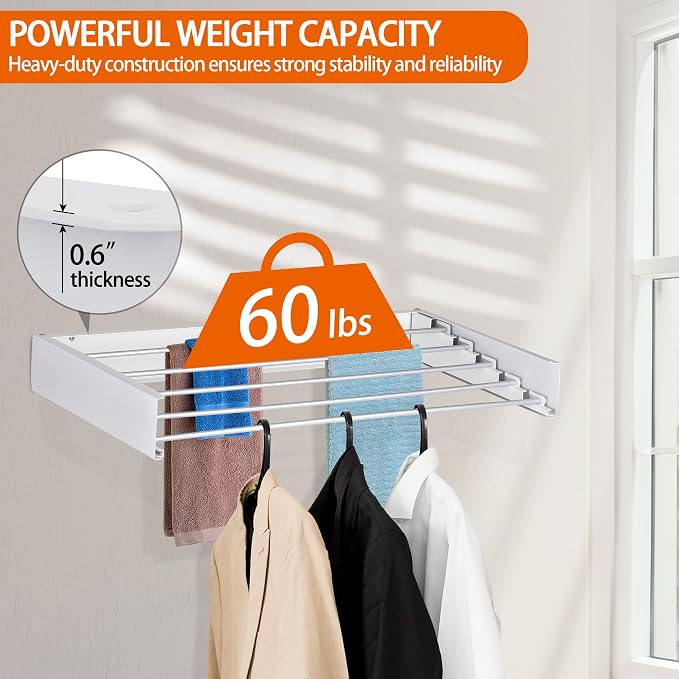 FOCHIER F Laundry Drying Rack Wall Mounted Clothes Drying Rack White,23.6" | Collapsible Drying Rack With 4 Aluminum Rods and Drilling Template Long Screwdriver Bit 60 lbs Capacity