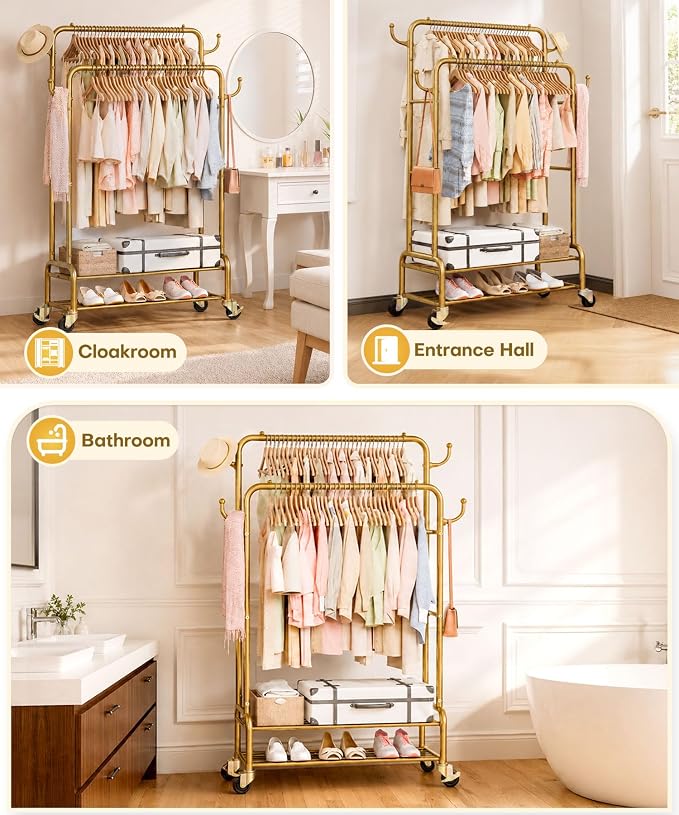 Homde Heavy Duty Clothes Rack: 265lb Rolling Double Rod Garment Hanging - Metal Coat Organizer Storage Display Shelf on Wheels for Bedroom Laundry