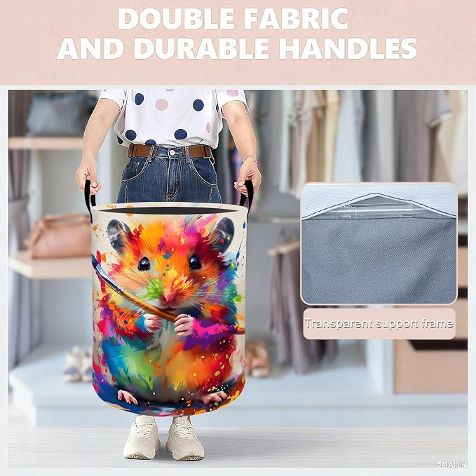 Colorful Artist Hamster Laundry Basket Hamper 19.7"x15.8", Organizer Bins Gifts for Kids Boys Girls, Animal Foldable Waterproof Oxford Clothes Storage Bucket for Bedroom Bathroom Decor