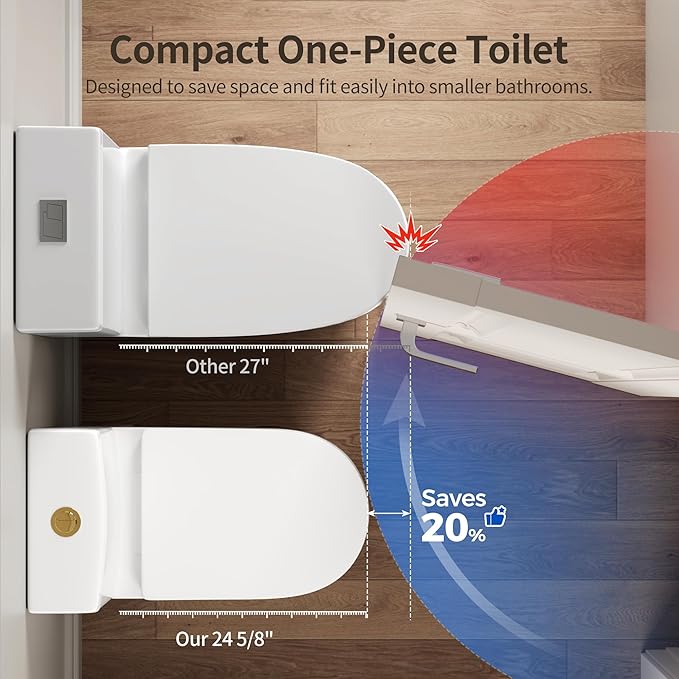 DeerValley Small One Piece Toilet with Soft Closing and Seat Gold Flush Button 12 Inch Rough-In Compact Toilets for Tight Spaces