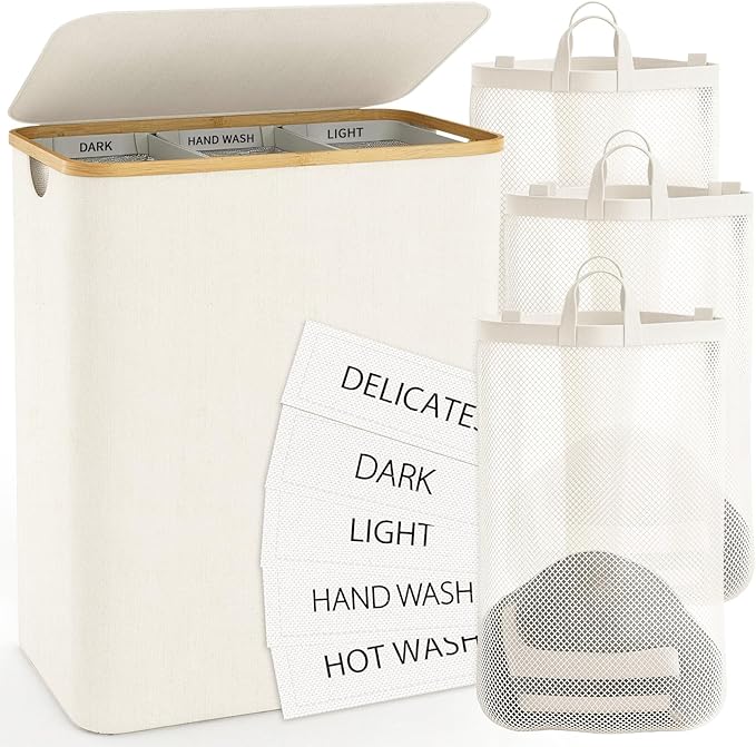 Hampers for Laundry Basket with Lid, 160L Large Laundry Hamper 3 Section | Dirty Clothes Hamper Separator with 3 Removable Bags & 5 Labels, Divided Laundry Organizer for Bedroom, Laundry Room, Beige