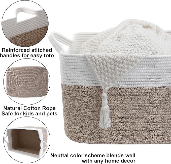 65L Laundry Basket with Handles, Woven Blanket Basket, White/Brown | 21"×16"×12" Collapsible Cotton Rope Storage Basket for Toys Clothes & Pillows, Nursery, Bathroom, Bedroom, Living Room