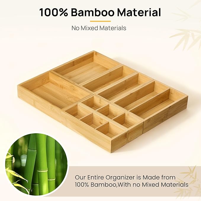 Vtopmart Bamboo Drawer Organizer Boxes - Set of 7 Multi-purpose Wooden Storage Dividers for Kitchen, Bathroom, Office, Desk, Makeup, Jewelry & More, Non-Slip Junk Drawer Organizer Trays for Storage