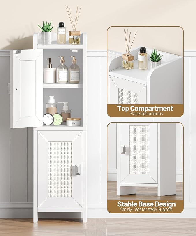 Akxomel Rattan Small Bathroom Cabinet Narrow Toilet Paper Organizer White | 7.9''D x 7.9''W Bathroom Organizer and Storage Cabinet for Small Space, Slim Corner Unit with Adjustable Shelf