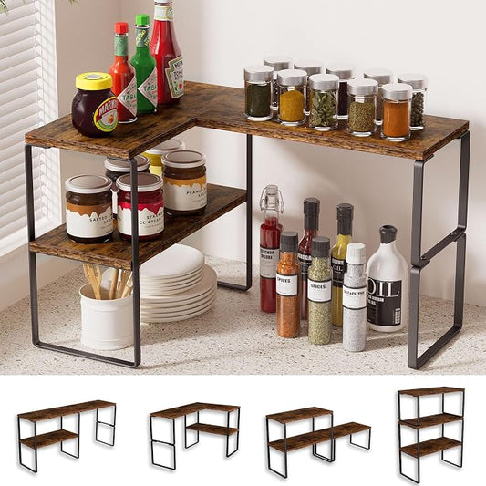 Golener Kitchen Counter Organizer, Countertop Shelf, Adjustable, Stackable | Kitchen Countertop Organizer, Spice Rack, 2-Tier Countertop Shelves, Corner Desk Shelf, Corner Counter Shelf, Rustic Brown