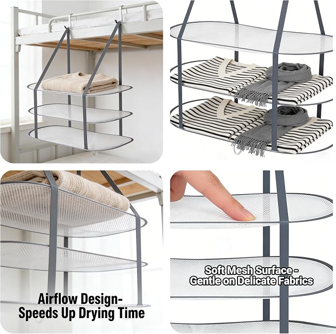 Sweater Drying Rack Hanging on Door Dryer Flat Portable Collapsible Mesh Large Laundry Clothes Drying Rack Room Organization 3 Tier