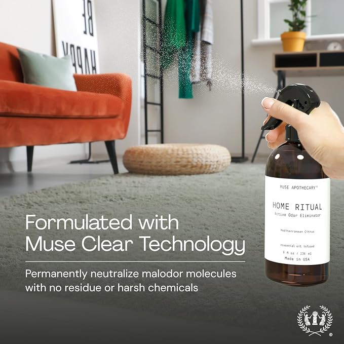 Muse Apothecary Home Ritual Active Odor Eliminator Spray - Furniture Deodorizer Spray & Bathroom Odor Eliminator for Home - Essential Oil Air Freshener - 4oz, Mediterranean Citrus