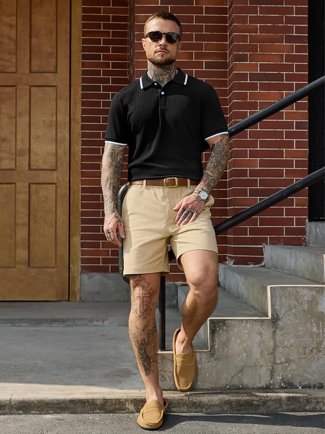 Comdecevis Men's Regular Fit Short Sleeve Knit Polo Shirts | Business casual, lightweight, breathable, stretch textured fabric, moisture wicking, easy care