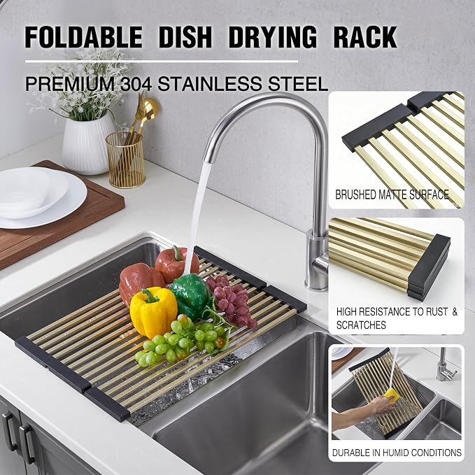 Foldable Over Sink Dish Drying Rack, 304 Stainless Steel Kitchen Drain Rack for Tableware, Detachable Silicone Edge, Rectangular Tubing (Brushed Gold, 3 Fold 19.7" x 11.42")
