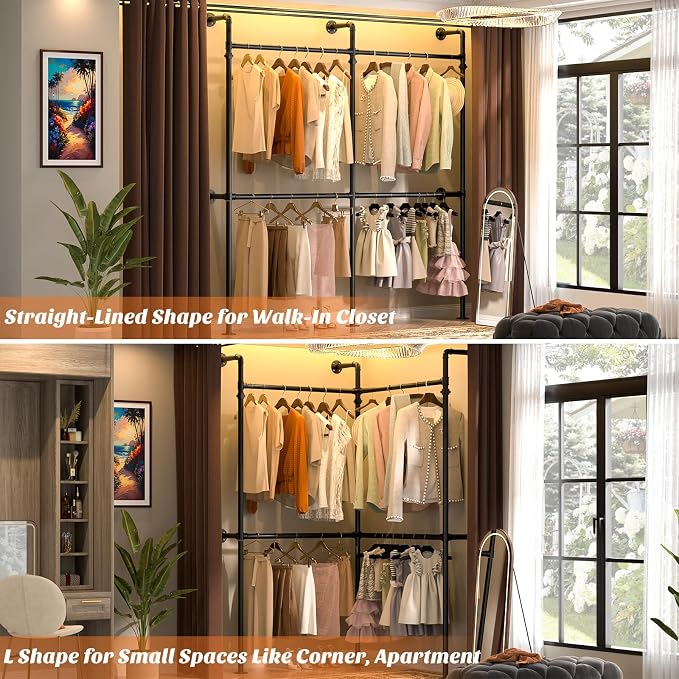 Aheaplus Industrial Pipe Clothing Rack, Reversible 6.75FT Clothes Rack for Hanging Clothes, Heavy Duty Garment Racks, Wall Mounted Closet Wardrobe Racks, Corner L Shaped Walk-in Closet System, Black