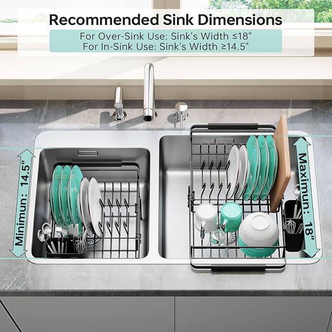 Urackify Dish Drying Rack in Sink - Stainless Steel Expandable (14.5''-18''L) Over The Sink Dish Rack with Utensil Holder, Space-Saving Dish Drainer for Kitchen Counter, 1 Piece, Matte Black