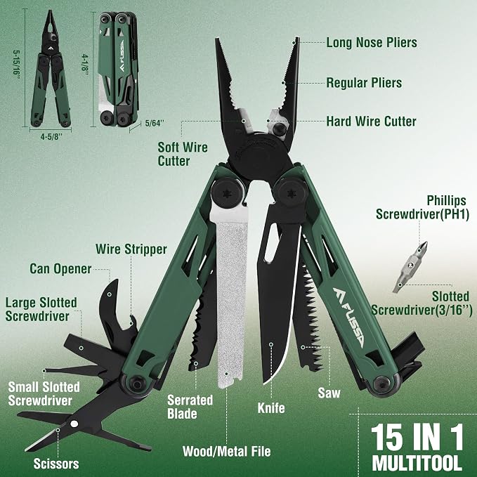 FLISSA 15-in-1 Multitool Pliers Stainless Steel EDC for Men | Pocket Knife with Sheath, Saw and Screwdrivers. Nylon Carry Case. Camping, Fishing, Gift， Survival