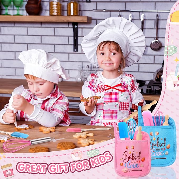 RoundFunny 24 Pcs Kids Mini Baking Supplies with Kitchen Utensil, Pot Holders, Spatula, Rolling Pin, Whisk for Kids Classroom School Exchange Party Favors (Small)