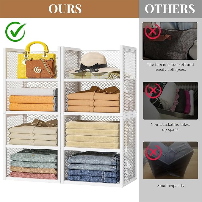 DAOUTIME 6-Tier Stackable Closet Organizers and Storage Basket, Wire Closet Shelf Organizer, Sweater Storage Oragnizer Bins, Multifunctional Clothes Storage Drawer Organizer for Wardrobe, White