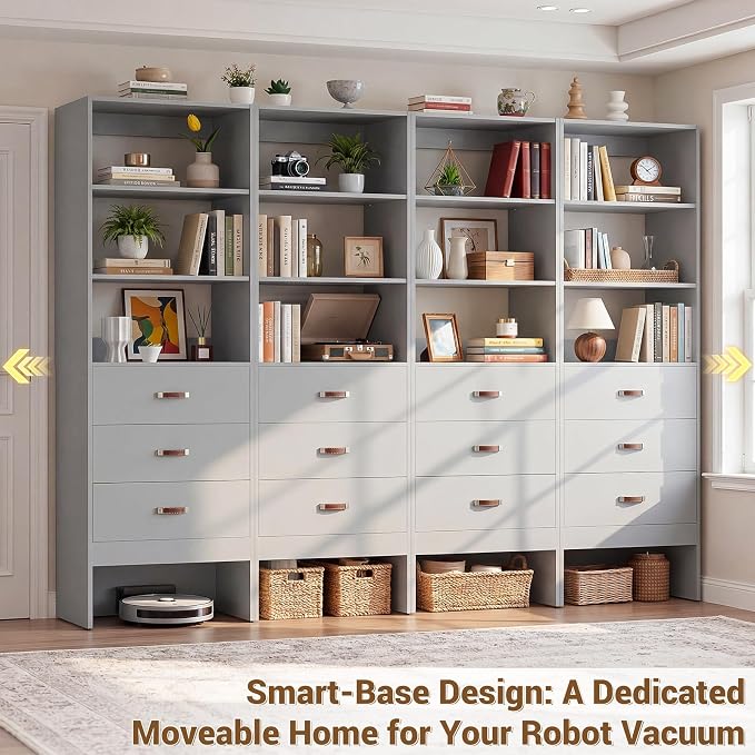 8FT Closet System with Leather Handles, 96" Walk-in Closet Storage Unit with Cabinet, Wood Wardrobe Closet Organizer and Storage with 12 Drawers, Set of 4, Grey