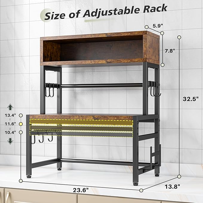 EnHomee 4-Tier Microwave Stand for Kitchen Storage, Brown | 205 lb Capacity, Adjustable Kitchen Shelves with 9 Hooks & Cutting Board Rack