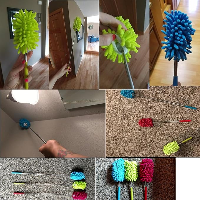 M-Jump 3 Pack Retractable Long-Reach Washable Duster for Cleaning, Microfiber Hand Duster Brush with Telescoping Pole for Cleaning Car, Window, Furniture, Office