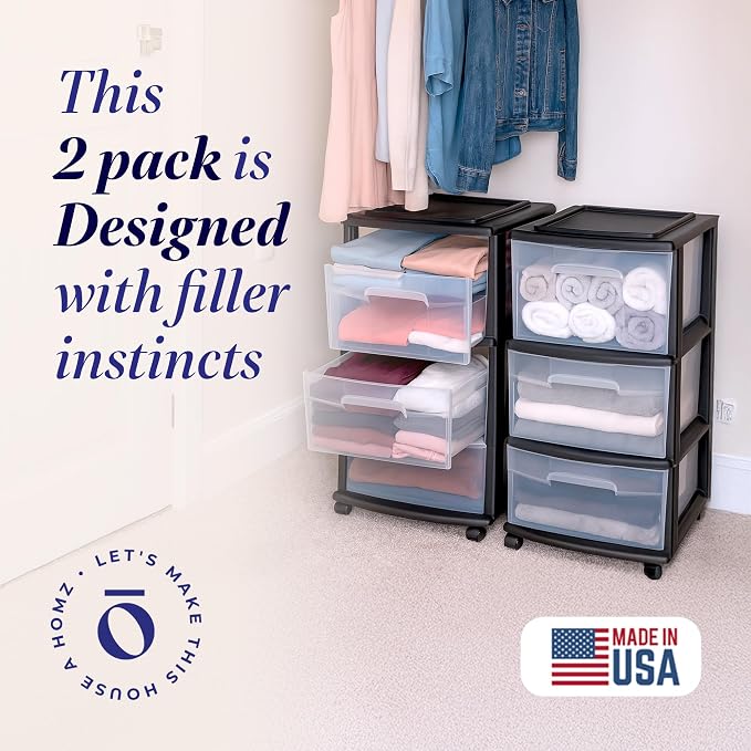 HOMZ 2-Pack Drawer Tower, 3-Tier Clear Plastic Storage Organizer Cart, Black Frame - Organizing Containers with Wheels for Home, Bathroom, Bedroom, Office, and Classroom | Plastic Organizer with Clear Bin Drawers for Bedrooms, Bathrooms, Home Offices, ...
