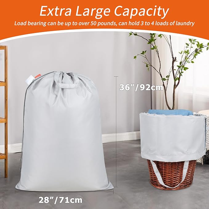 Extra Heavy-Duty Laundry Bag with Handles, Silver, 28x36" | Extra Large, Machine Washable, Reinforced Handles, Drawstring Closure, Name ID Tag, For College Dorm Travel