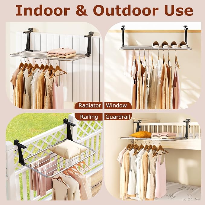 Giantex Portable Clothes Drying Rack, 25.5" Aluminum Hanging Laundry Rack with Adjustable and Foldable Brackets, Radiator Airer, Indoor Outdoor Towel Rack for Balcony Railings, Windowsill