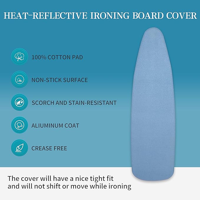 ZOES HOMEWARE Ironing Board Cover and Pad | 100% Cotton Cover with Padding Standard Size with Aluminum Coating | Heat-Reflective Ironing Board with Elastic Edges Set | 54"x15" Blue