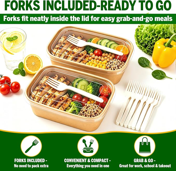 50-Pack 25 oz Disposable Meal Prep Containers with Lids and Forks, Compostable Kraft Paper Bowls To Go, Microwave & Freezer Safe Food Containers for Hot Soup, Cold Dessert, Takeout