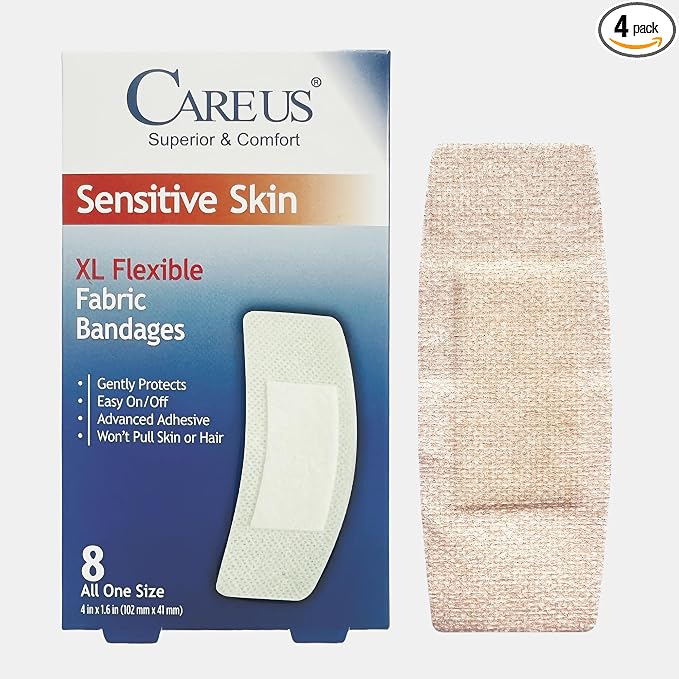 CareUs Silicone Adhesive Bandages Large Sizes for Sensitive Fragile Skin Flexible Fabric Latex Free Hypoallergenic Breathable XL Bandages for Adhesive Allergy Wounds, 32-Count Pack (8ct x 4)