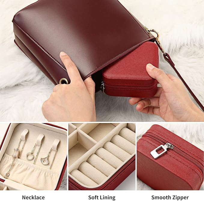 TRODANCE Mini Jewelry Case, Small Travel Jewelry Organizer, Portable Jewelry Box Mini Storage Organizer Display Box For Rings Earrings Necklaces (Red-4pcs)