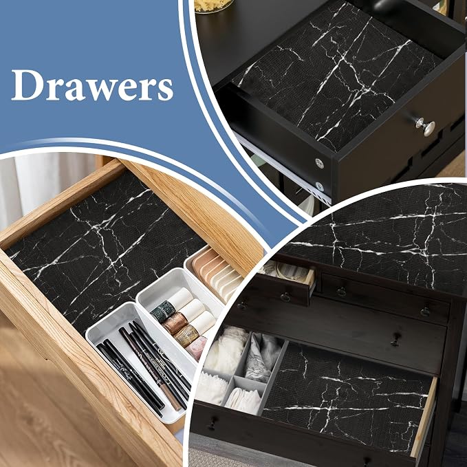 Drawer and Shelf Liner for Kitchen Cabinet: 12 in X 20 Ft Non Slip | Waterproof Shelf Paper Non Adhesive Refrigerator Liners Black Marble Easy Liners for Bathroom with Knife Tape Measure