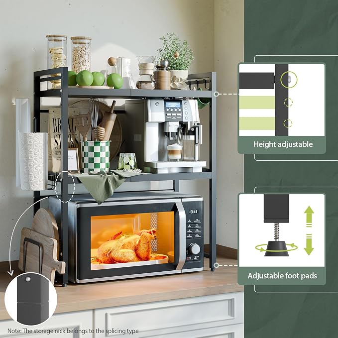 NETEL 3 Tier Expandable Microwave Stand countertop,Microwave Oven Rack | microwave shelf with Paper Towel and Chopping Board Holder, storage shelf for appliances,55 Lbs load Per Tier,Black
