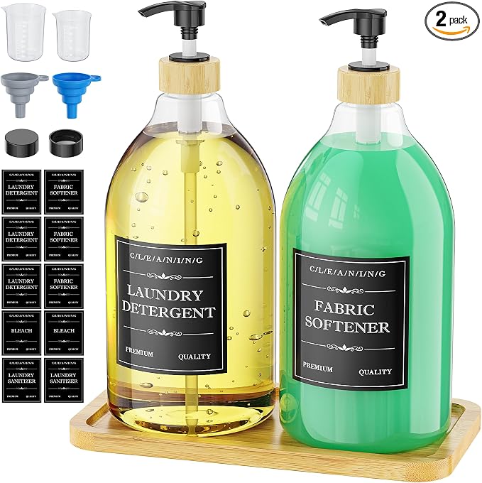 Moforoco Liquid Laundry Detergent Dispenser with Bamboo Tray, 2 Pack 64 Oz Plastic Laundry Soap Dispenser, Fabric Softener Dispenser with Pump and Labels for Laundry Room Decor and Organization