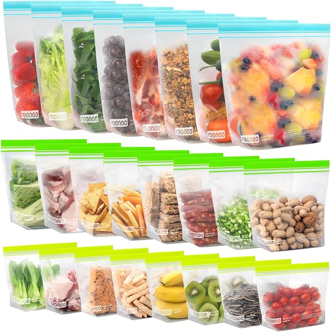 24 Pack Reusable Food Storage Bags Stand Up, Dishwasher Safe BPA Free Gallon Freezer Bags, Extra Thick Leakproof Ziplock Sandwich Snack Bags for Meal Prep Travel（8 Gallon,8 Half Gallon, 8 Sandwich)