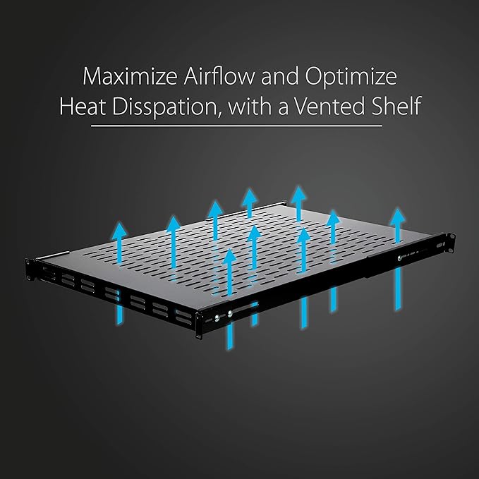 StarTech 1U Adjustable Vented Rack Shelf, 19in, 175lb, TAA (ADJSHELF) | 19.5-38in adjustable mounting depth, 27.5in deep universal tray, SPCC steel, Maximizes airflow