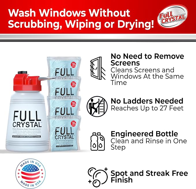 Full Crystal Window Cleaner, Bottle + 16oz Powder, Cleans Up to 80 Windows