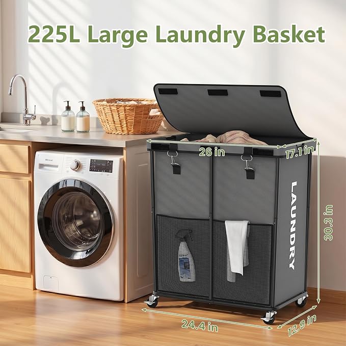 Laundry Hamper with Wheels and Lid, 225L Large Rolling Laundry Basket Gray | Heavy Duty Clothes Organizer, Sturdy Metal Frame, Lockable Swivel Casters, Removable Bag, For Bedroom, Bathroom, Laundry Room